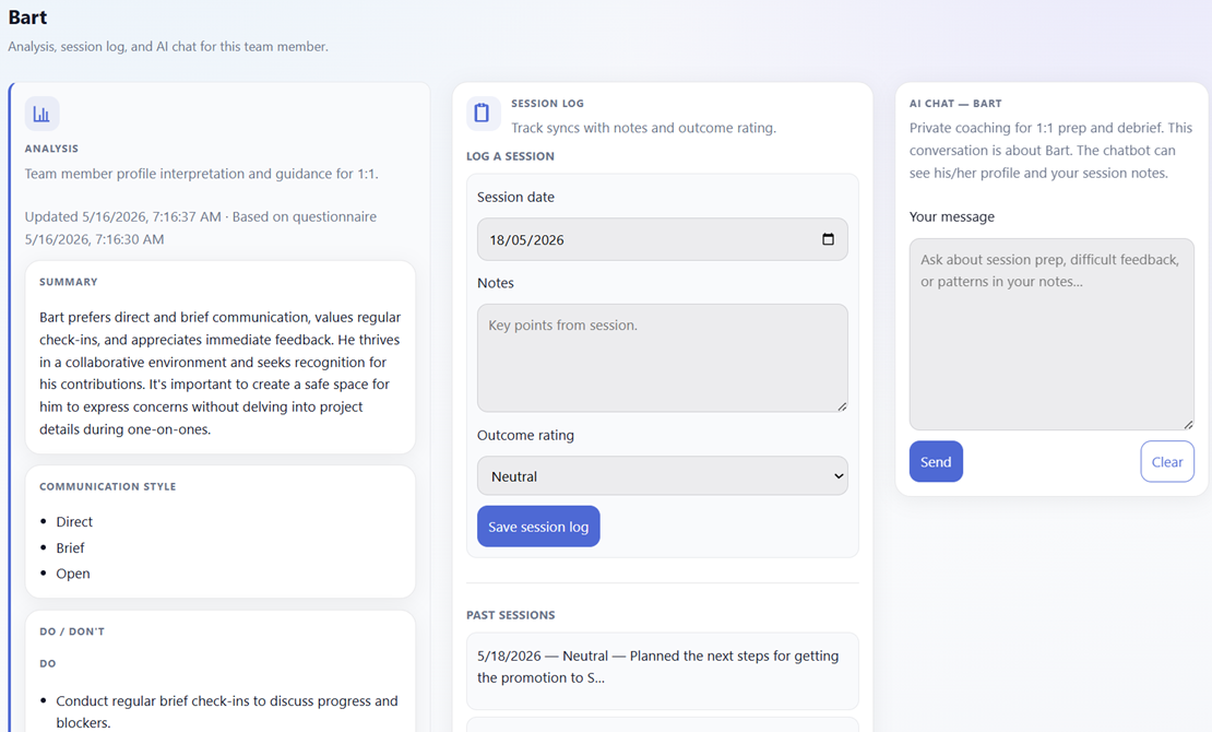 Manager view: AI analysis of team member, 1:1 note, and AI chat for 1-on-1 preparation
